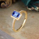 1 Carat Emerald Cut Classic Halo Sapphire Wedding Ring with Pave Band